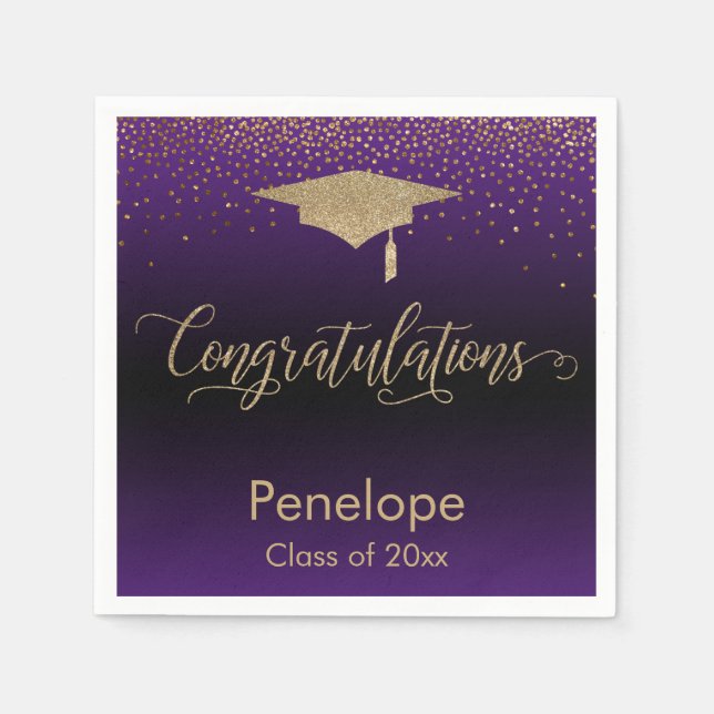 Congratulations Gold Confetti Graduation Purple Napkins (Front)
