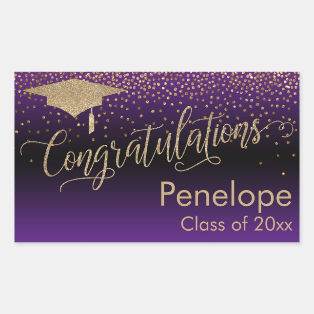 Congratulations Gold Confetti Graduation Purple Rectangular Sticker (Front)