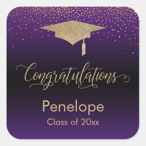 Congratulations Gold Confetti Graduation Purple Square Sticker