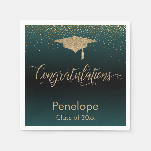 Congratulations Gold Confetti Graduation Teal Napkins (Front)