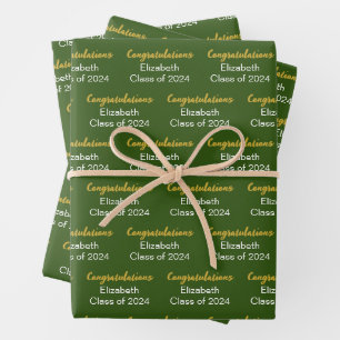 Congratulations Gold Dark Green Class of 2024 Name Wrapping Paper Sheets