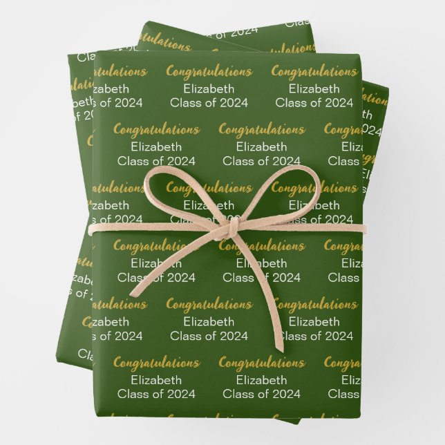Congratulations Gold Dark Green Class of 2024 Name Wrapping Paper Sheets (In situ)