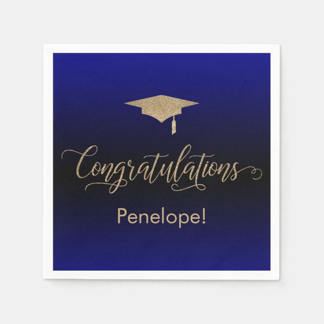 Congratulations Gold Glitter Blue Black Ombre Napkins (Front)
