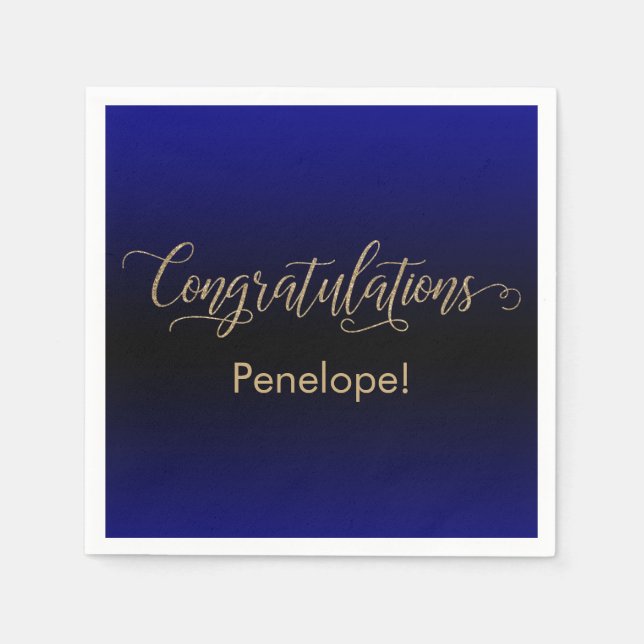 Congratulations Gold Glitter Blue Black Ombre Napkins (Front)