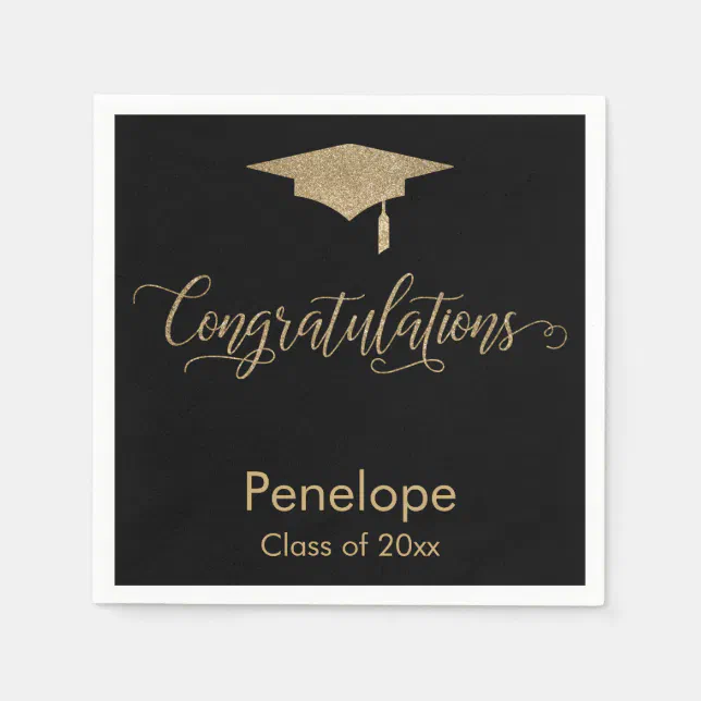 Congratulations Gold Glitter Graduation Cap, Black Napkins | Zazzle
