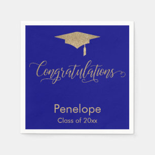Congratulations Gold Glitter Graduation Cap, Blue Napkins