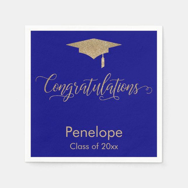 Congratulations Gold Glitter Graduation Cap, Blue Napkins (Front)