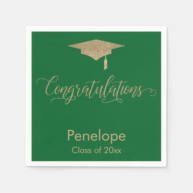 Congratulations Gold Glitter Graduation Cap, Green Napkins (Front)