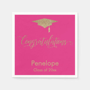 Congratulations Gold Glitter Graduation Cap Pink Napkins