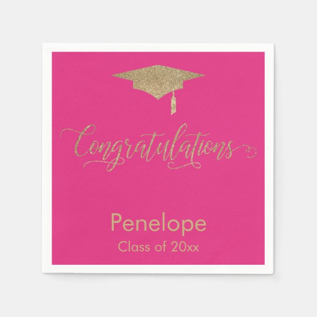 Congratulations Gold Glitter Graduation Cap Pink Napkins (Front)