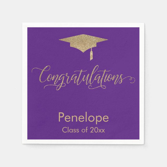 Congratulations Gold Glitter Graduation Cap Purple Napkins (Front)