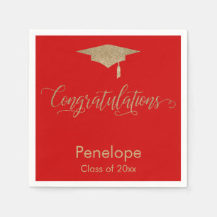 Congratulations Gold Glitter Graduation Cap, Red Napkins