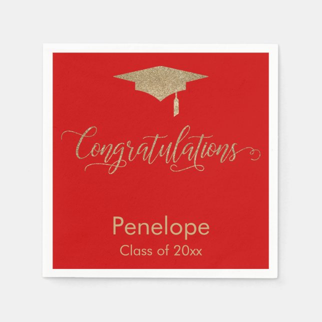 Congratulations Gold Glitter Graduation Cap, Red Napkins (Front)