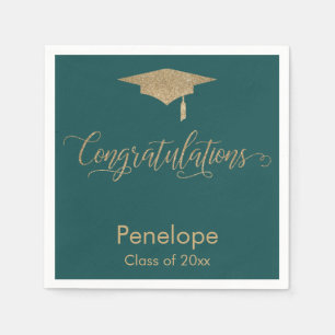 Congratulations Gold Glitter Graduation Cap Teal Napkins