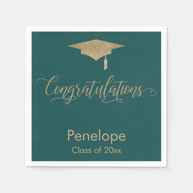 Congratulations Gold Glitter Graduation Cap Teal Napkins (Front)