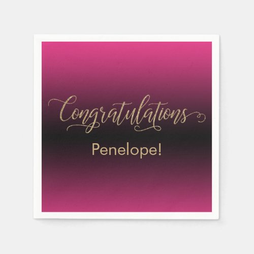 Congratulations Gold Glitter Hot Pink Black Ombre Napkins