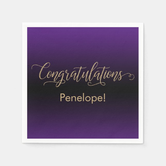 Congratulations Gold Glitter Purple & Black Ombre Napkins (Front)