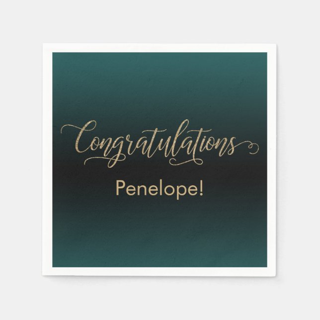 Congratulations Gold Glitter Teal & Black Ombre Napkins (Front)