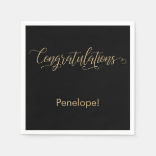 Congratulations Gold Glitter Typography on Black Napkins
