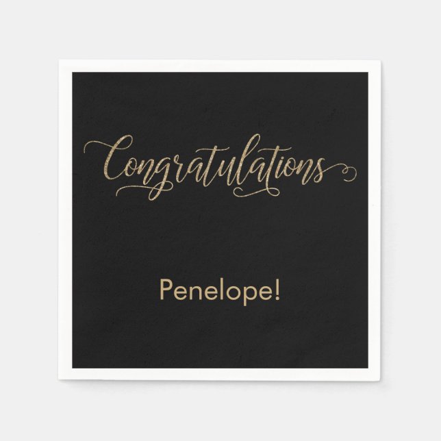 Congratulations Gold Glitter Typography on Black Napkins (Front)