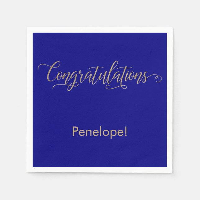 Congratulations Gold Glitter Typography on Blue Napkins (Front)