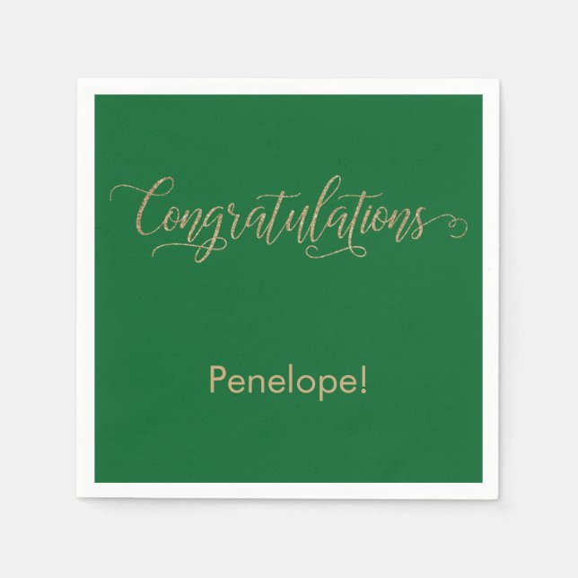 Congratulations Gold Glitter Typography on Green Napkins (Front)
