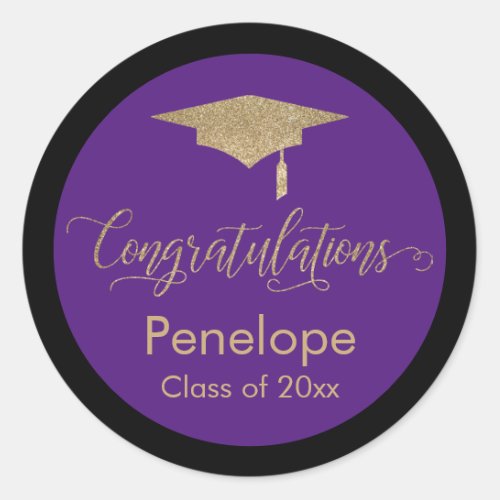 Congratulations Gold Graduation Cap Purple Classic Round Sticker