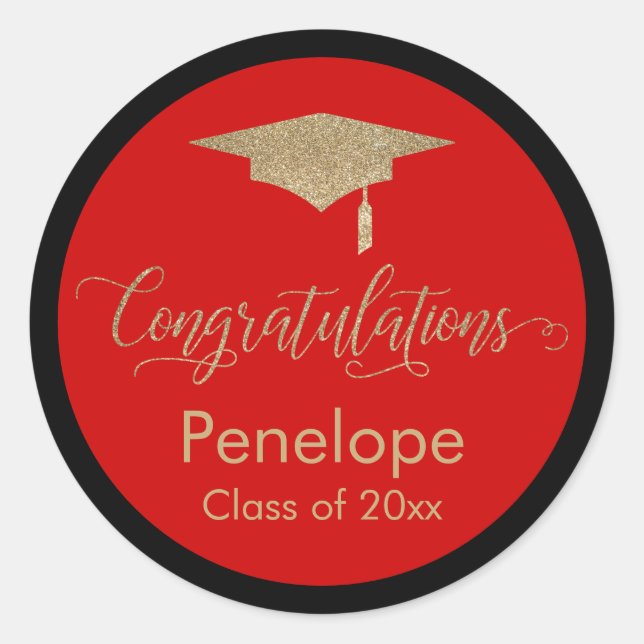 Congratulations Gold Graduation Cap Red Classic Round Sticker (Front)