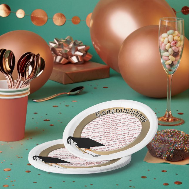 'Congratulations' Gold Graduation Photo Frame Paper Plates (Multi)