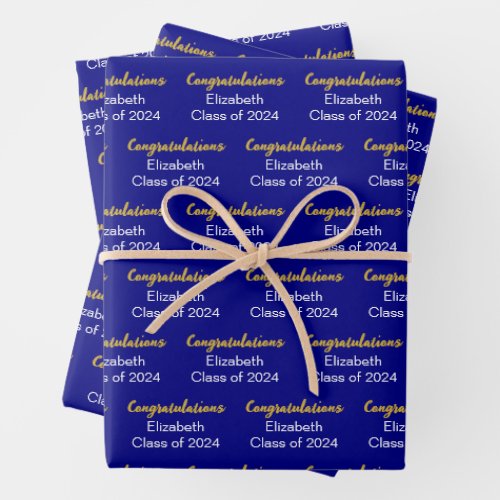 Congratulations Gold Navy Blue Class of 2024 Name Wrapping Paper Sheets