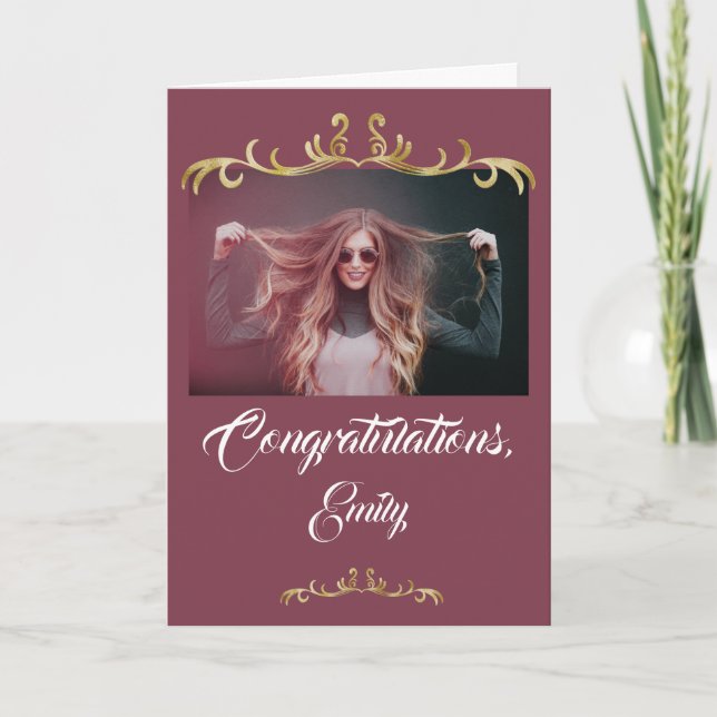 Congratulations Gold Ornament Photo Graduation Card (Front)