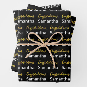 Congratulations Gold Script Black and White Name Wrapping Paper Sheets