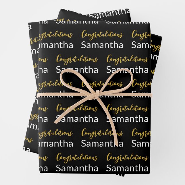 Congratulations Gold Script Black and White Name Wrapping Paper Sheets (In situ)
