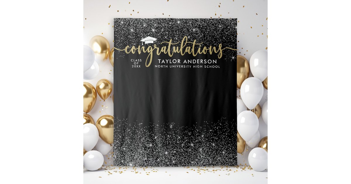 Congratulations Gold Script Black Graduation Party Tapestry | Zazzle