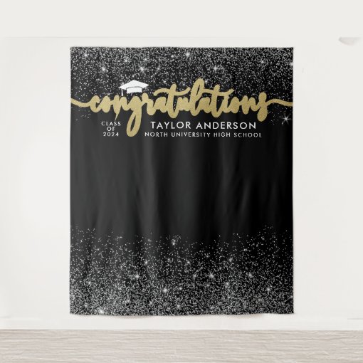 Congratulations Gold Script Black Graduation Party Tapestry | Zazzle