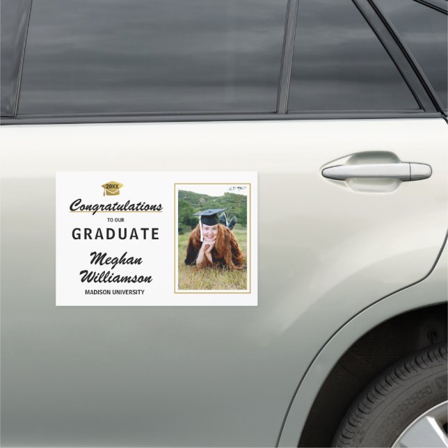 Congratulations gols and white photo graduation car magnet (In Situ)