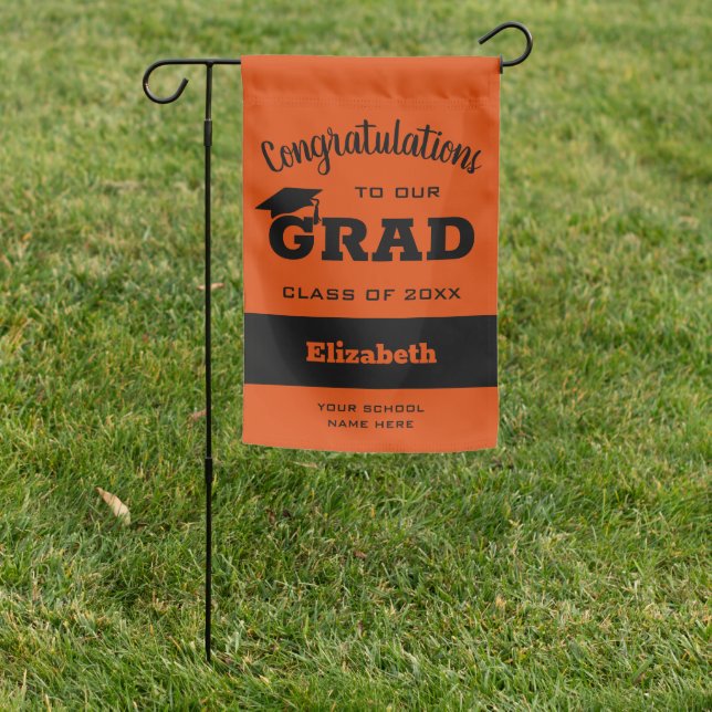 Congratulations Grad Black on Orange  Garden Flag (In SItu)