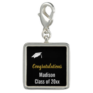 Congratulations Grad Black White Gold Graduation Charm