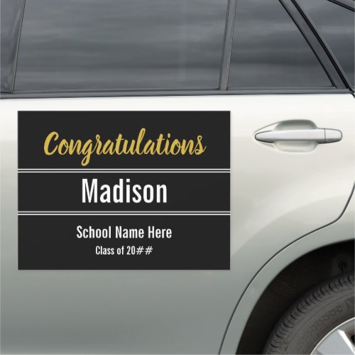 Congratulations Grad Black White Gold Name School Car Magnet