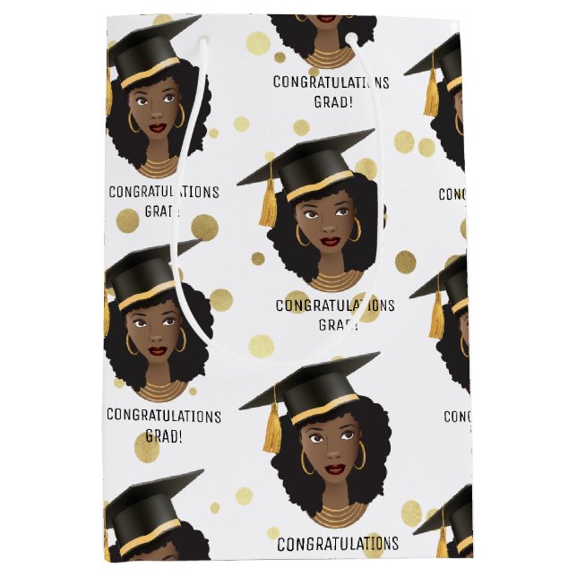 Congratulations Grad! Black Woman w/Graduation Cap Medium Gift Bag (Front)