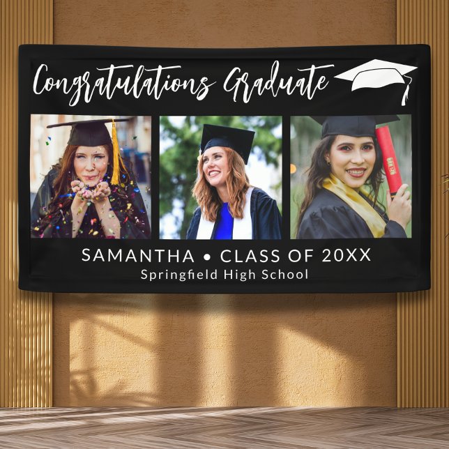 Congratulations Grad Cap Black 3 Photo Graduation Banner (Creator Uploaded)