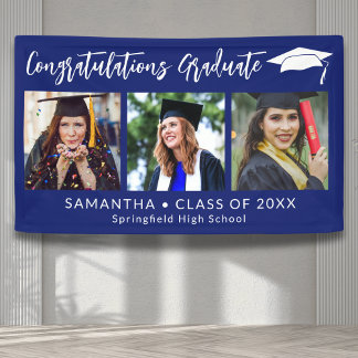 Congratulations Grad Cap Blue 3 Photo Graduation Banner