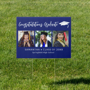 Congratulations Grad Cap Blue 3 Photo Graduation Sign