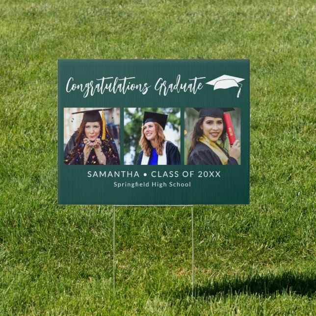 Congratulations Grad Cap Green 3 Photo Graduation Sign (Insitu)
