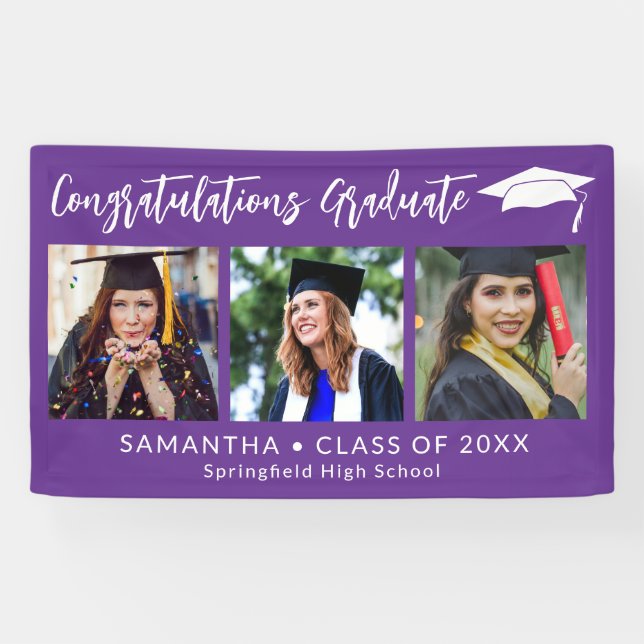 Congratulations Grad Cap Purple 3 Photo Graduation Banner (Horizontal)