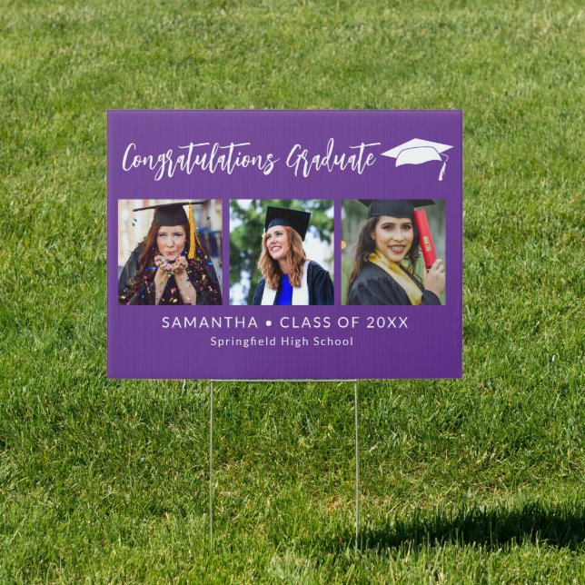 Congratulations Grad Cap Purple 3 Photo Graduation Sign (Insitu)