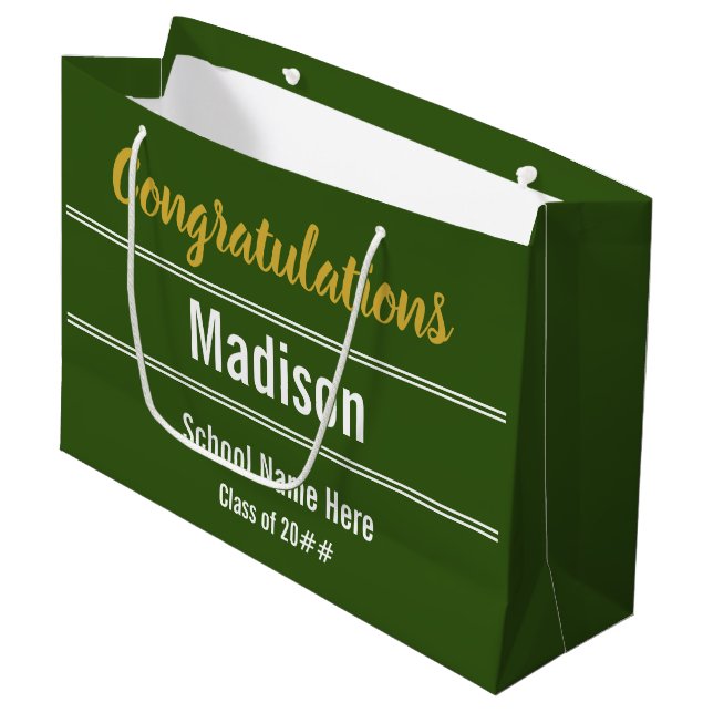 Congratulations Grad Dark Green White Graduation Large Gift Bag (Front Angled)