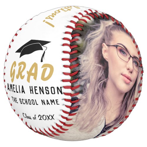 Congratulations Grad Golden Graduation 2 Photo  Softball - Congratulations Grad Golden Graduation 2 Photo Softball. Graduate cap and 2 photos. Add your photos, graduate name, school name and year. You can change any text on the softball. This custom and personalized softball is a perfect gift and a sweet keepsake for a graduate.