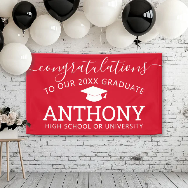 Congratulations Grad Graduate red white virtual Banner | Zazzle