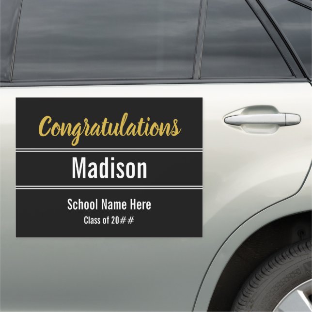 Congratulations Grad Name Black White Gold Script Car Magnet (In Situ)